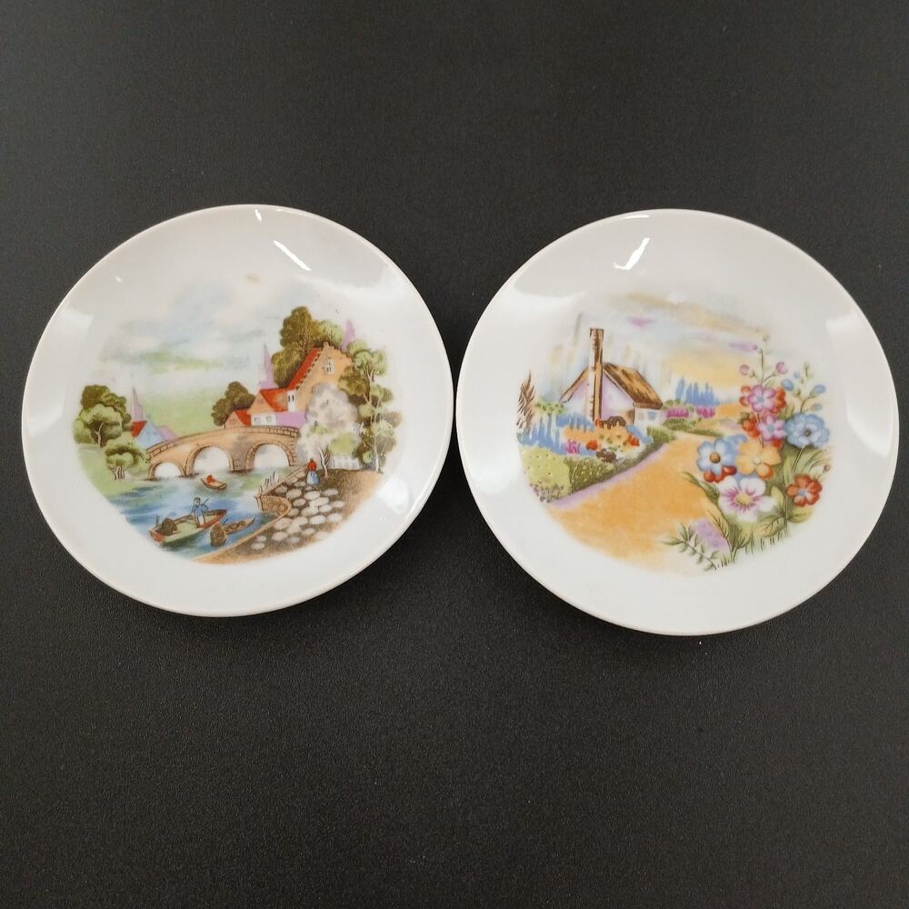 Vintage Japan Mini Porcelain Plates 4" Cottage & Floral Scene Decorative Dishes